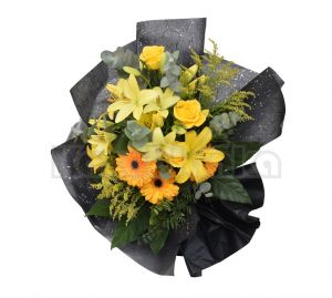 Buket - Žuti ljiljani, gerberi i ruže sa dekoracijom