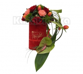 Anturijum, ruže, karanfili i lale u kutiji
