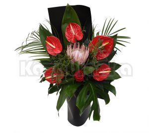Buket - Egzotična protea, anturijumi i crvena ruža sa dekoracijom