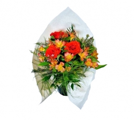 Buket - Narandžaste ruže i alstromerije, trefern i šamalacijum